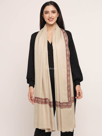 Pashtush India Womens Shawls Pashtush womens Fine Wool shawl, border hand embroidary design, Beige