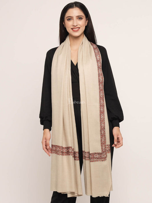 Pashtush India Womens Shawls Pashtush womens Fine Wool shawl, border hand embroidary design, Beige