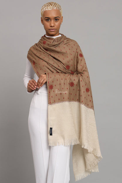 Pashtush India Womens Shawls Pashtush Womens Fine Wool Shawl, Botey Embroidery Stitched Palla Design, Beige