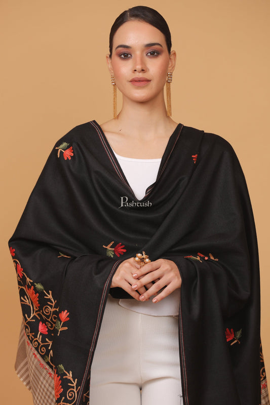 Pashtush India Womens Stoles and Scarves Scarf Pashtush womens Fine Wool shawl, contrast chess palla design, Black