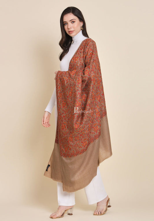 Pashtush India Womens Shawls Pashtush Womens Fine Wool Shawl, Embroidery Jaal Design, Taupe
