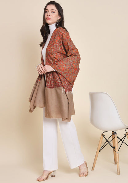 Pashtush India Womens Shawls Pashtush Womens Fine Wool Shawl, Embroidery Jaal Design, Taupe