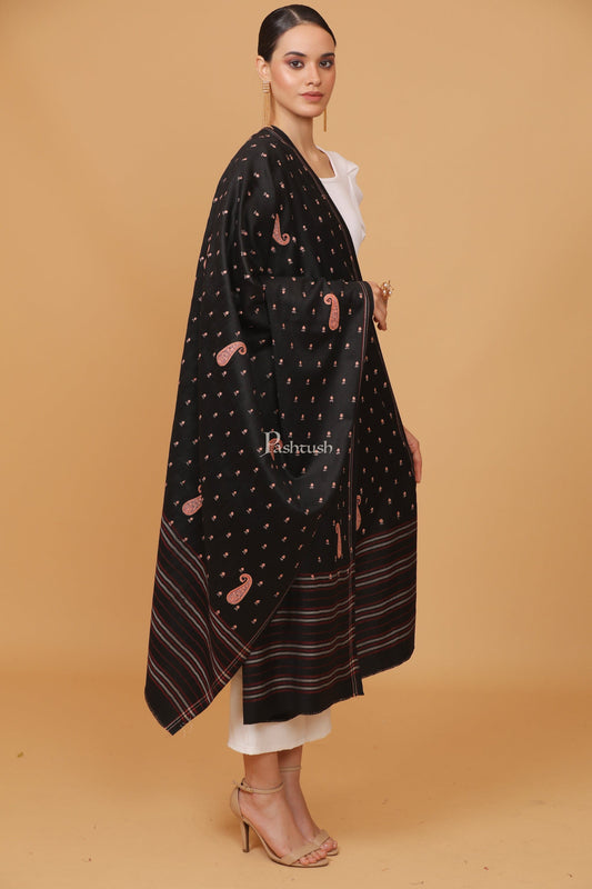 Pashtush India Womens Stoles and Scarves Scarf Pashtush womens Fine Wool shawl, embroidery shawl stripe palla design, Black