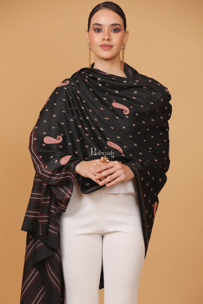 Pashtush India Womens Stoles and Scarves Scarf Pashtush womens Fine Wool shawl, embroidery shawl stripe palla design, Black