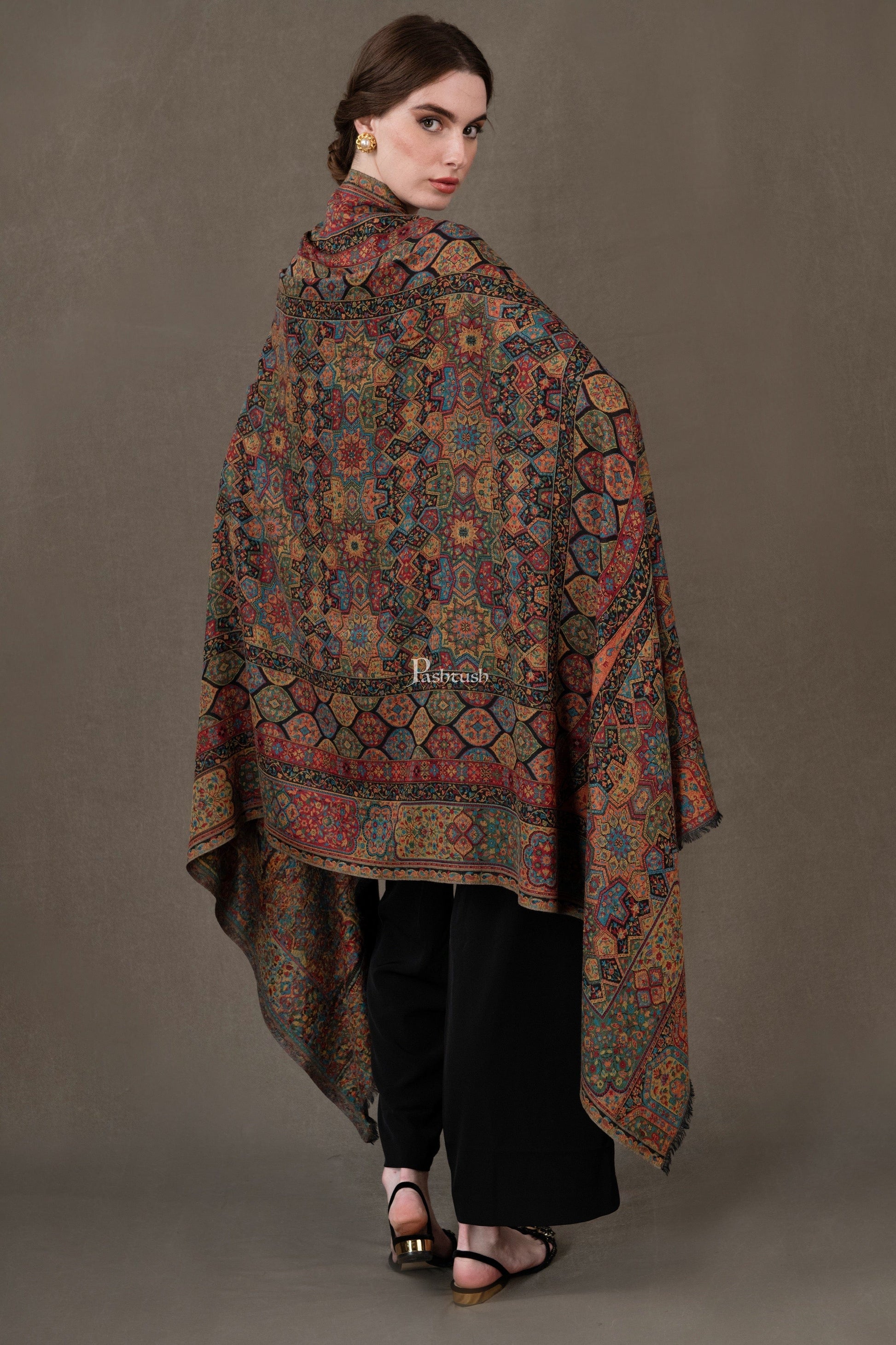 Pashtush India Womens Shawls Pashtush Womens Fine Wool Shawl, Ethnic Weave Design, Multicolour