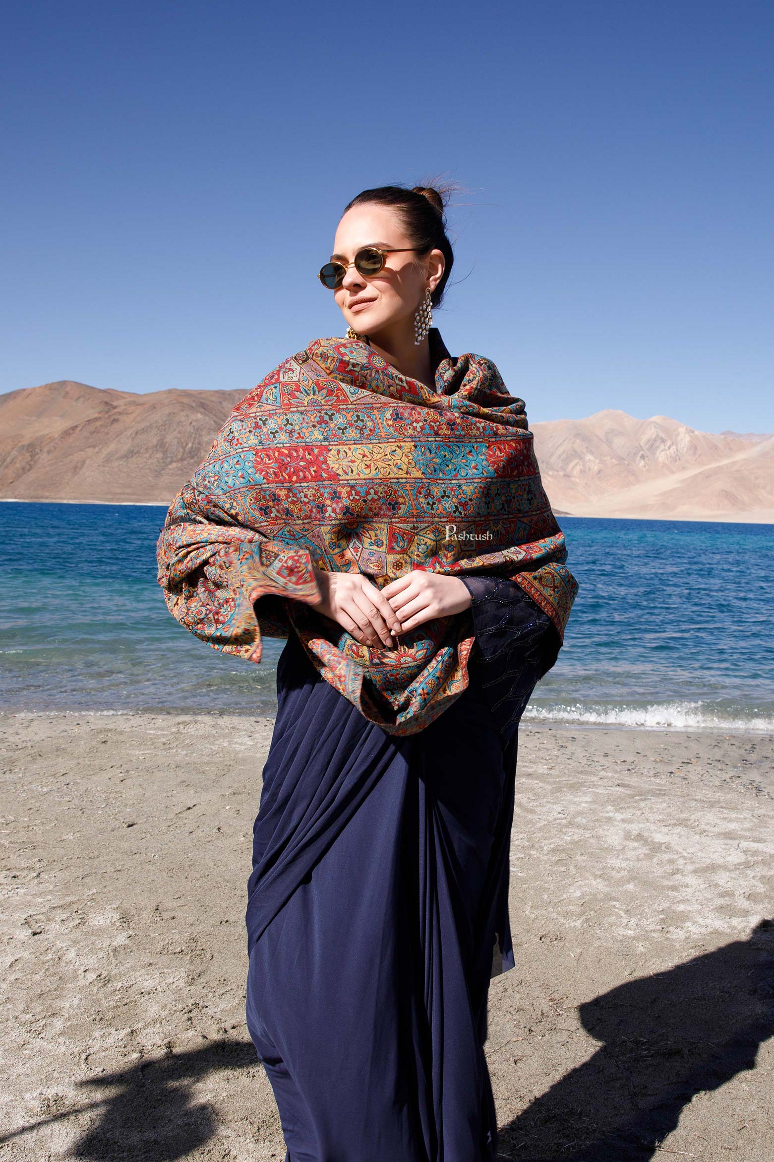 Pashtush India Womens Shawls Pashtush Womens Fine Wool Shawl, Ethnic Weave Design, Multicolour