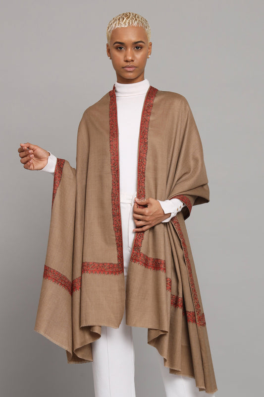 Pashtush India Womens Shawls Pashtush Womens Fine Wool Shawl, Hand Embroidered Neemdaur Design, Taupe