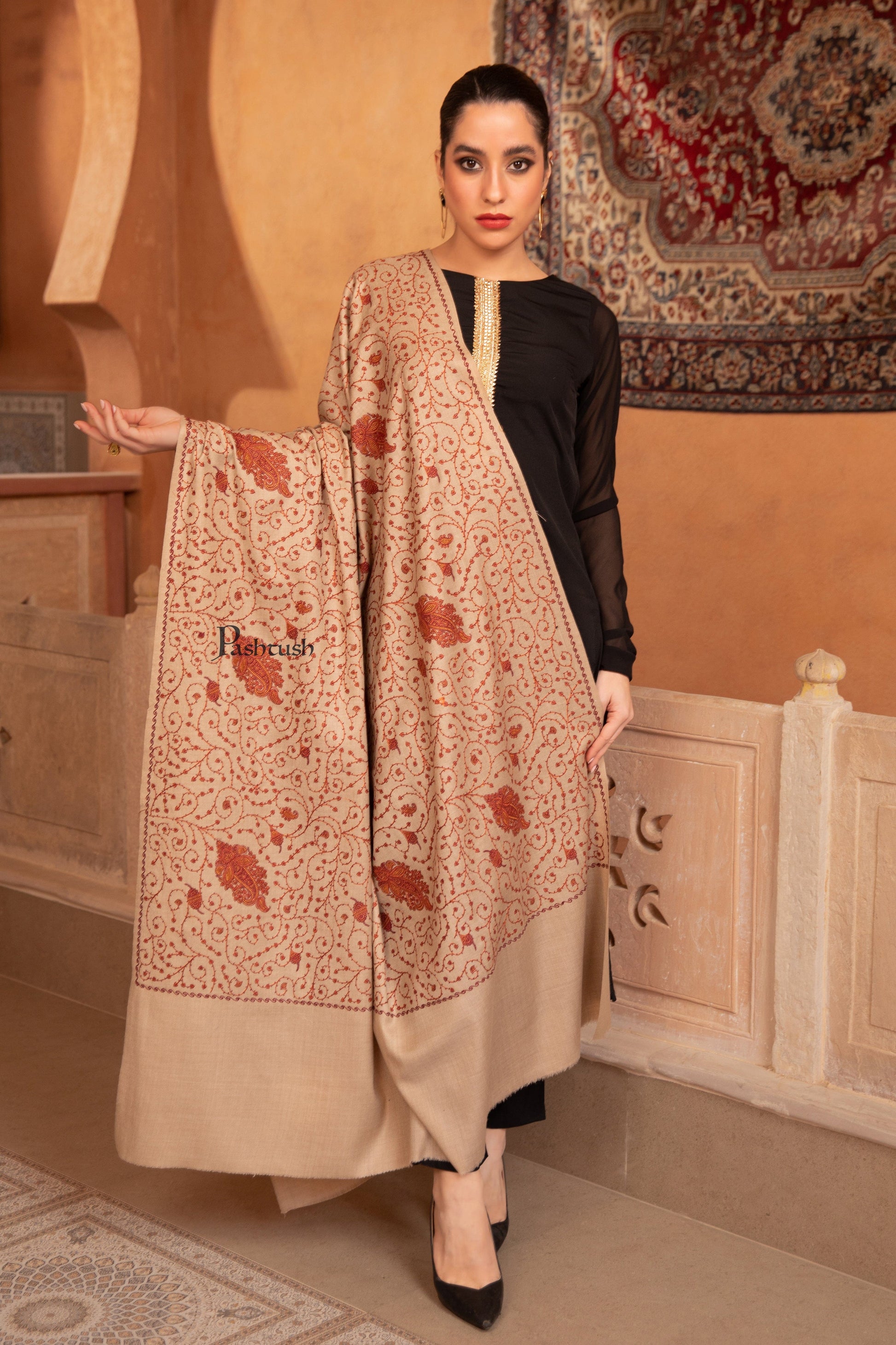Pashtush India Womens Shawls Pashtush Womens Fine Wool Shawl, Heavy Jaal Embroidery Design, Beige