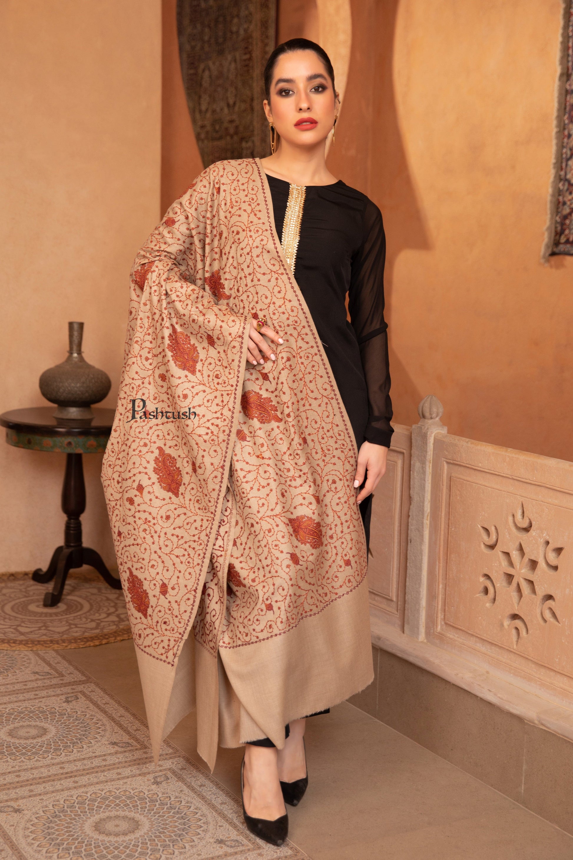 Pashtush India Womens Shawls Pashtush Womens Fine Wool Shawl, Heavy Jaal Embroidery Design, Beige