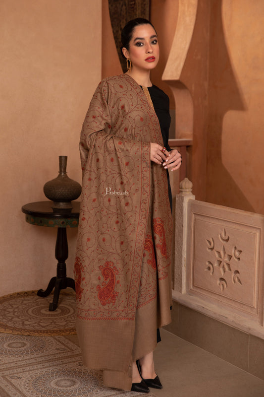 Pashtush India Womens Shawls Pashtush Womens Fine Wool Shawl, Heavy Jaal Embroidery Design, Taupe