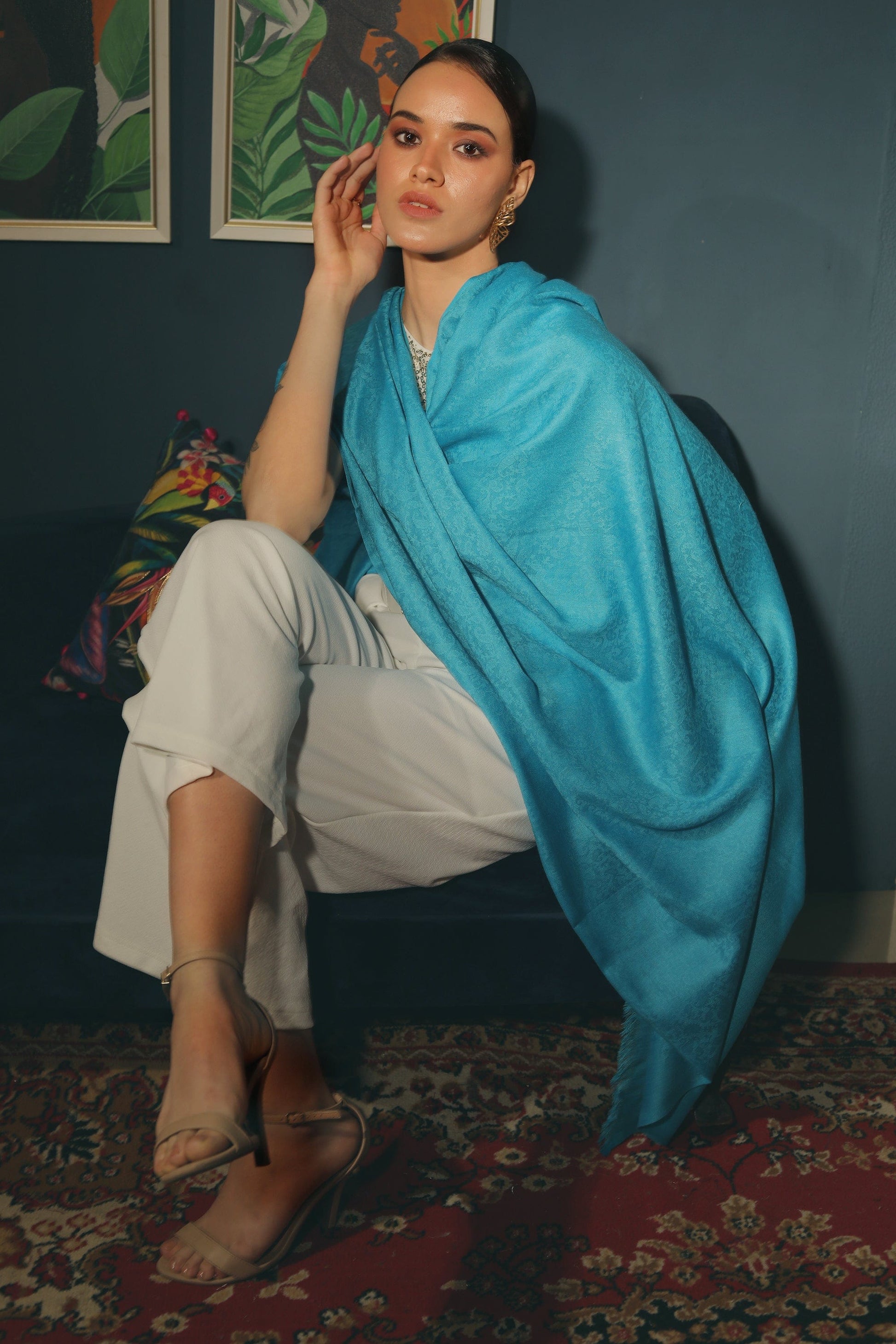 Pashtush India Womens Stoles and Scarves Scarf Pashtush womens Fine Wool shawl, JACQUARD design, Arabic Sea Blue