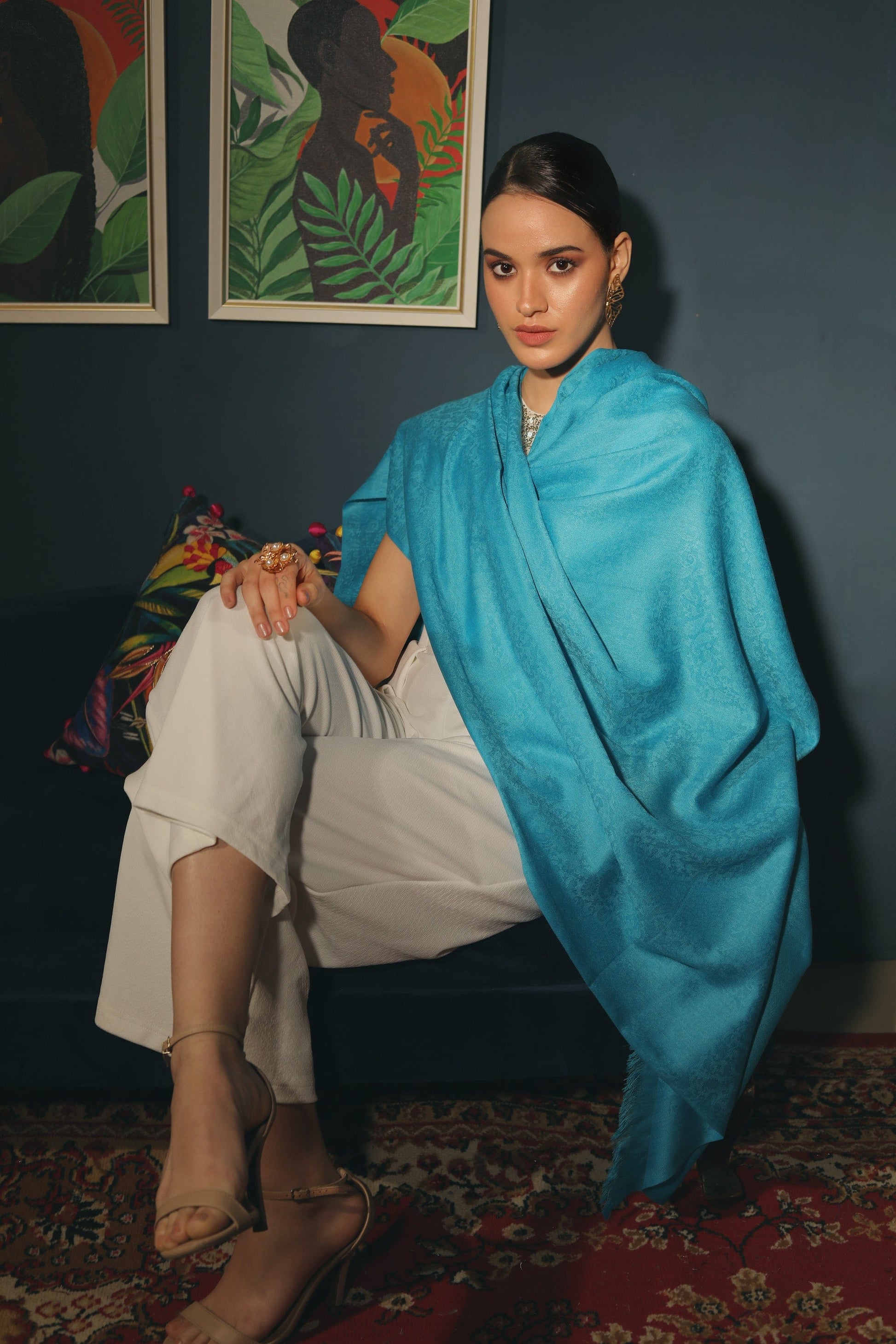 Pashtush India Womens Stoles and Scarves Scarf Pashtush womens Fine Wool shawl, JACQUARD design, Arabic Sea Blue