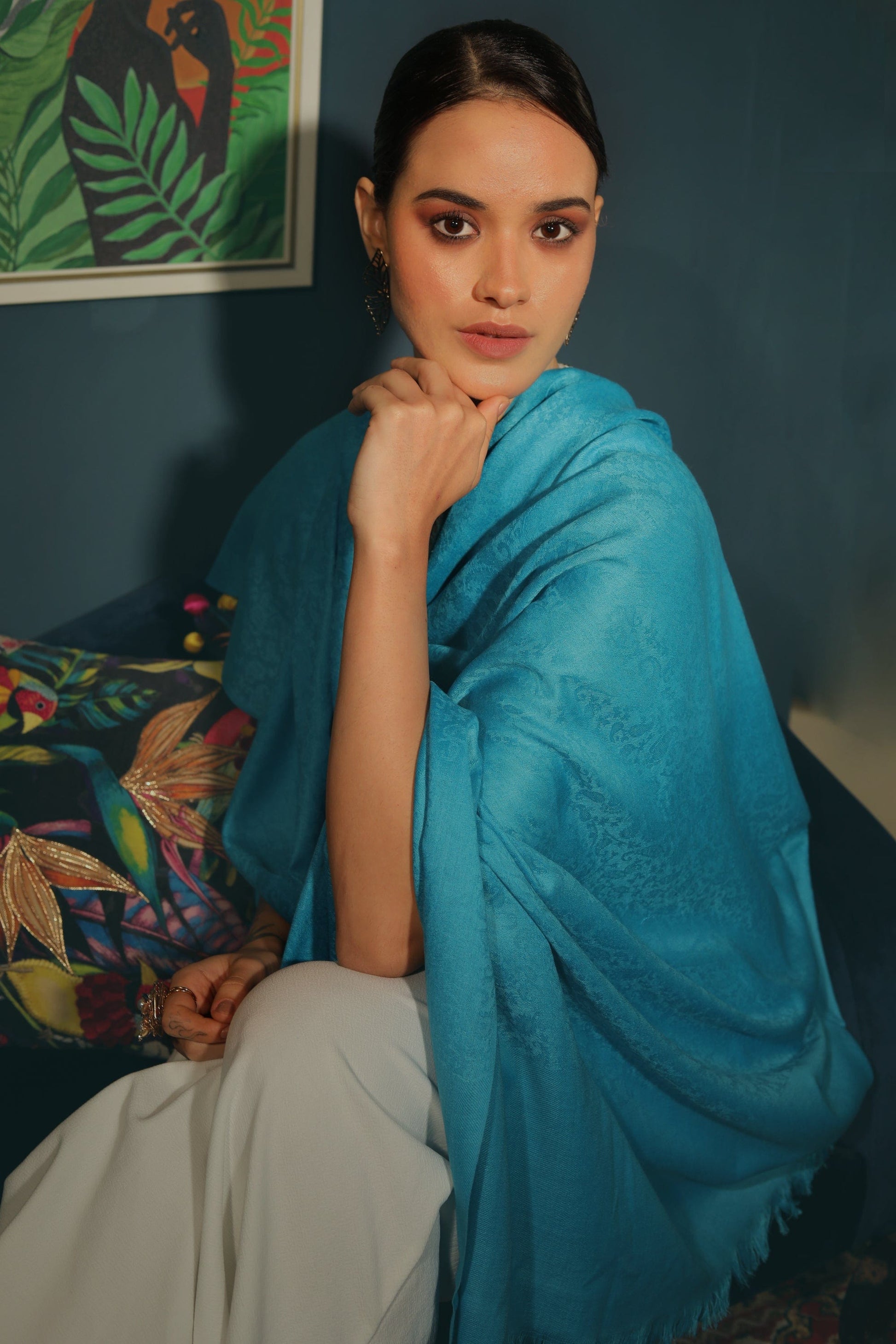 Pashtush India Womens Stoles and Scarves Scarf Pashtush womens Fine Wool shawl, JACQUARD design, Arabic Sea Blue