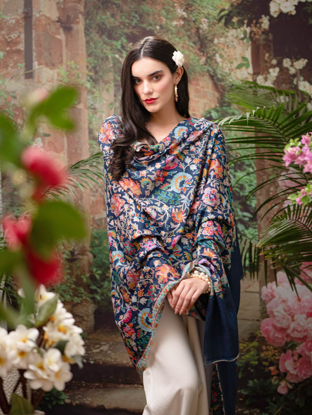 Pashtush India Womens Shawls Pashtush womens Fine Wool shawl, Kalamkari design, Navy Blue