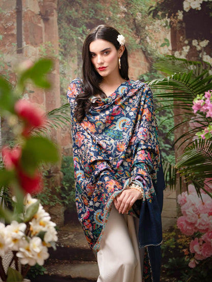 Pashtush India Womens Shawls Pashtush womens Fine Wool shawl, Kalamkari design, Navy Blue