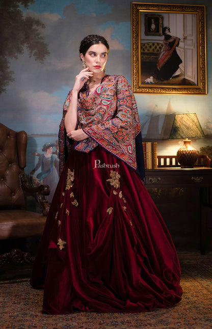 Pashtush India Womens Shawls Pashtush womens Fine Wool shawl, Kalamkari with outline embroidery design, Multicolour