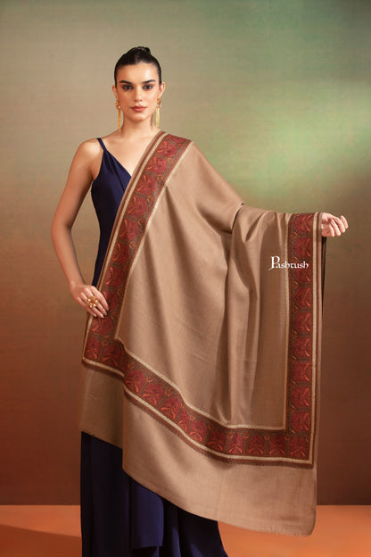 Pashtush India Womens Shawls Pashtush Womens Fine Wool Shawl, Kashmiri Border Embroidery With Tilla Design, Taupe