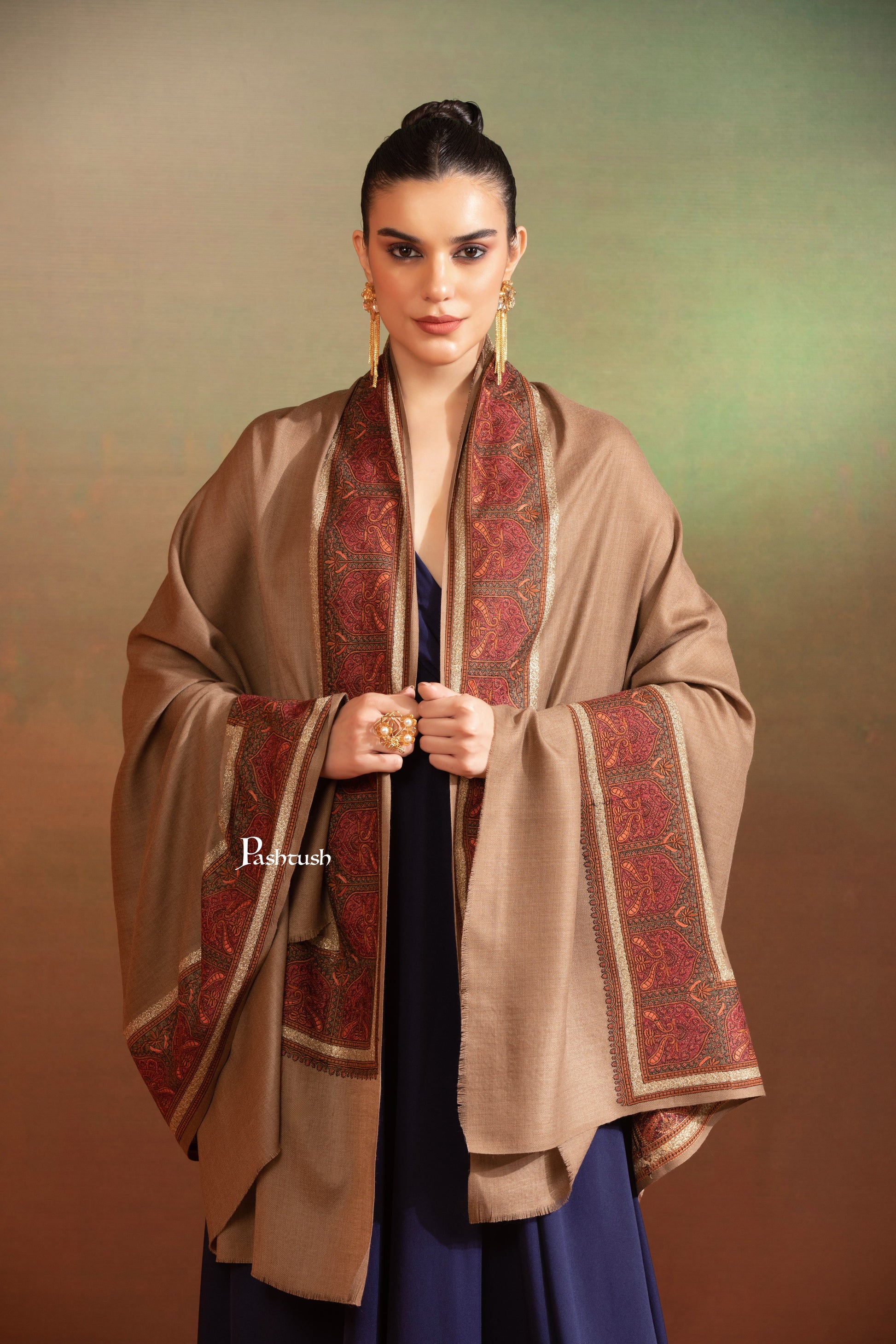 Pashtush India Womens Shawls Pashtush Womens Fine Wool Shawl, Kashmiri Border Embroidery With Tilla Design, Taupe