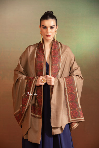 Pashtush India Womens Shawls Pashtush Womens Fine Wool Shawl, Kashmiri Border Embroidery With Tilla Design, Taupe