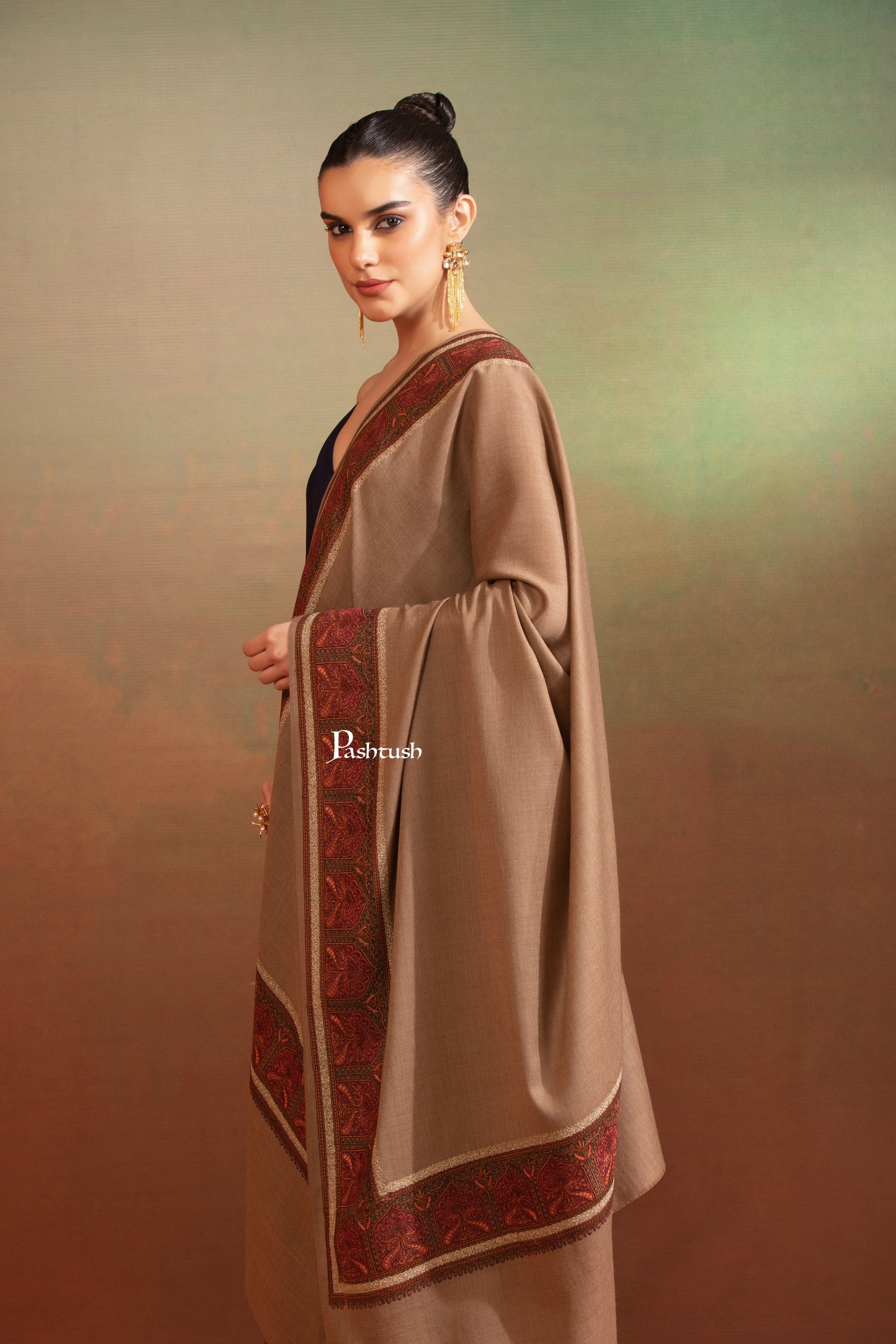 Pashtush India Womens Shawls Pashtush Womens Fine Wool Shawl, Kashmiri Border Embroidery With Tilla Design, Taupe