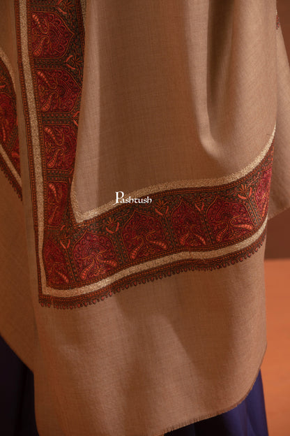 Pashtush India Womens Shawls Pashtush Womens Fine Wool Shawl, Kashmiri Border Embroidery With Tilla Design, Taupe