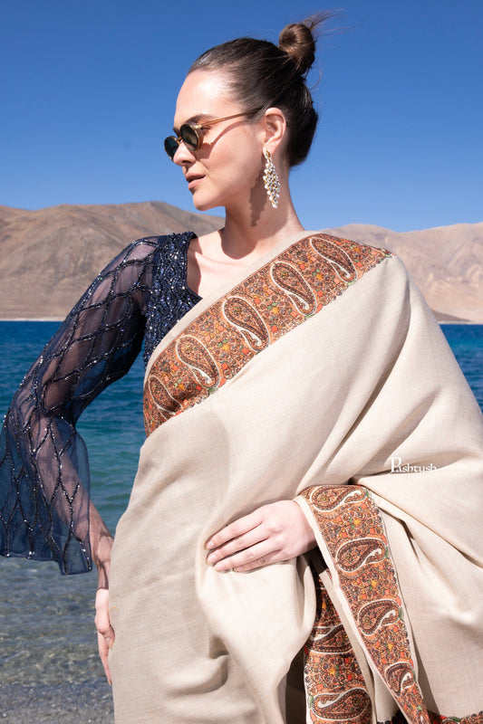 Pashtush India Womens Shawls Pashtush Womens Fine Wool Shawl, Kashmiri Embroidery, Ambi Daur With Metallic Border Design, Beige