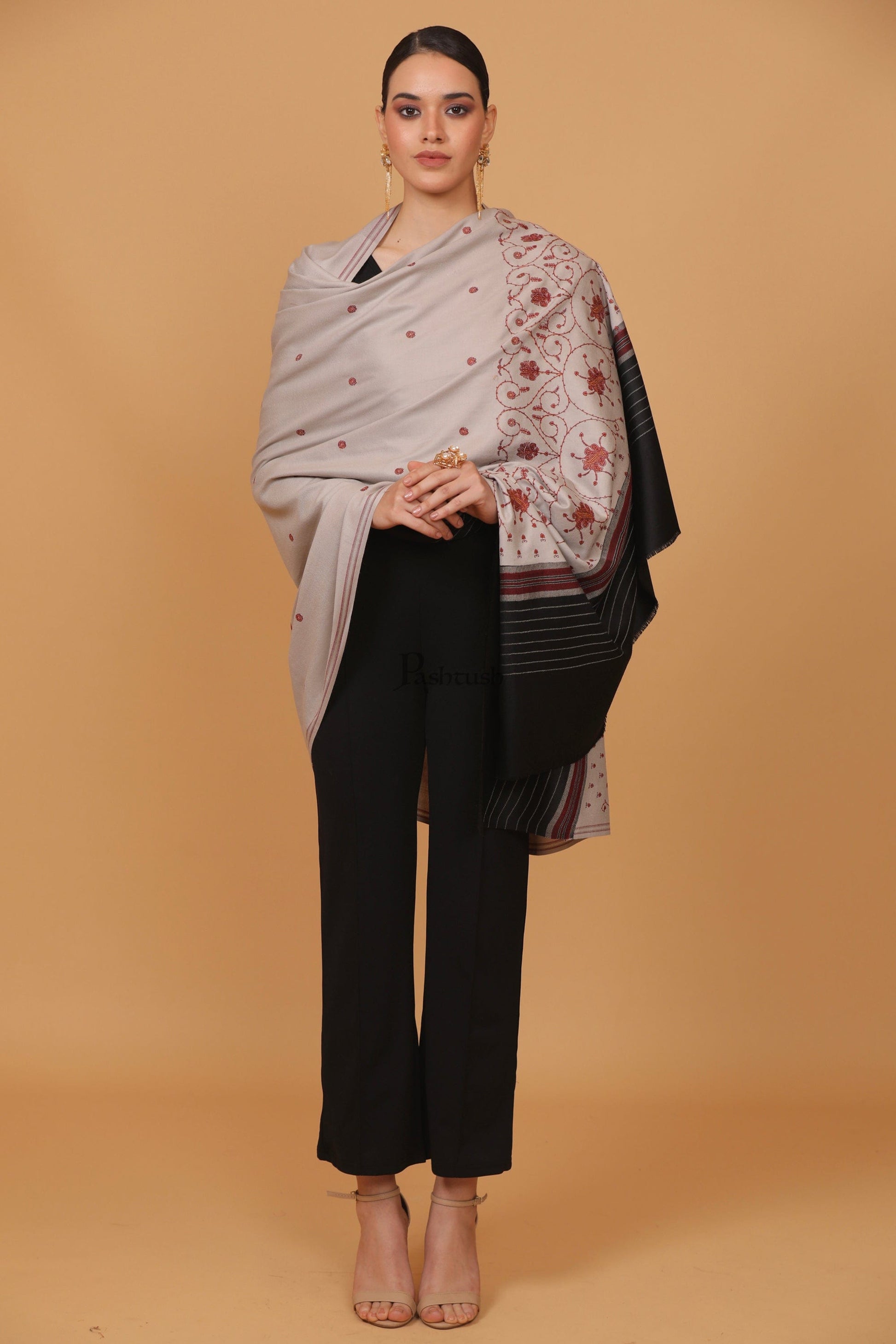 Pashtush India Womens Stoles and Scarves Scarf Pashtush womens Fine Wool shawl, kashmiri embroidery design, Dark Grey