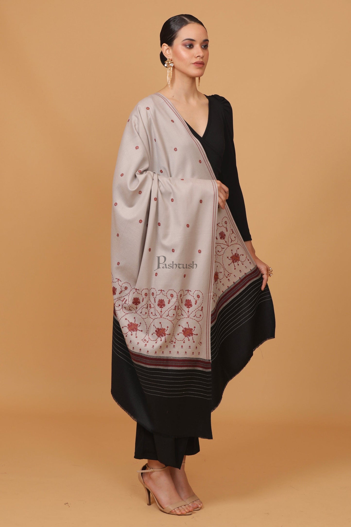 Pashtush India Womens Stoles and Scarves Scarf Pashtush womens Fine Wool shawl, kashmiri embroidery design, Dark Grey