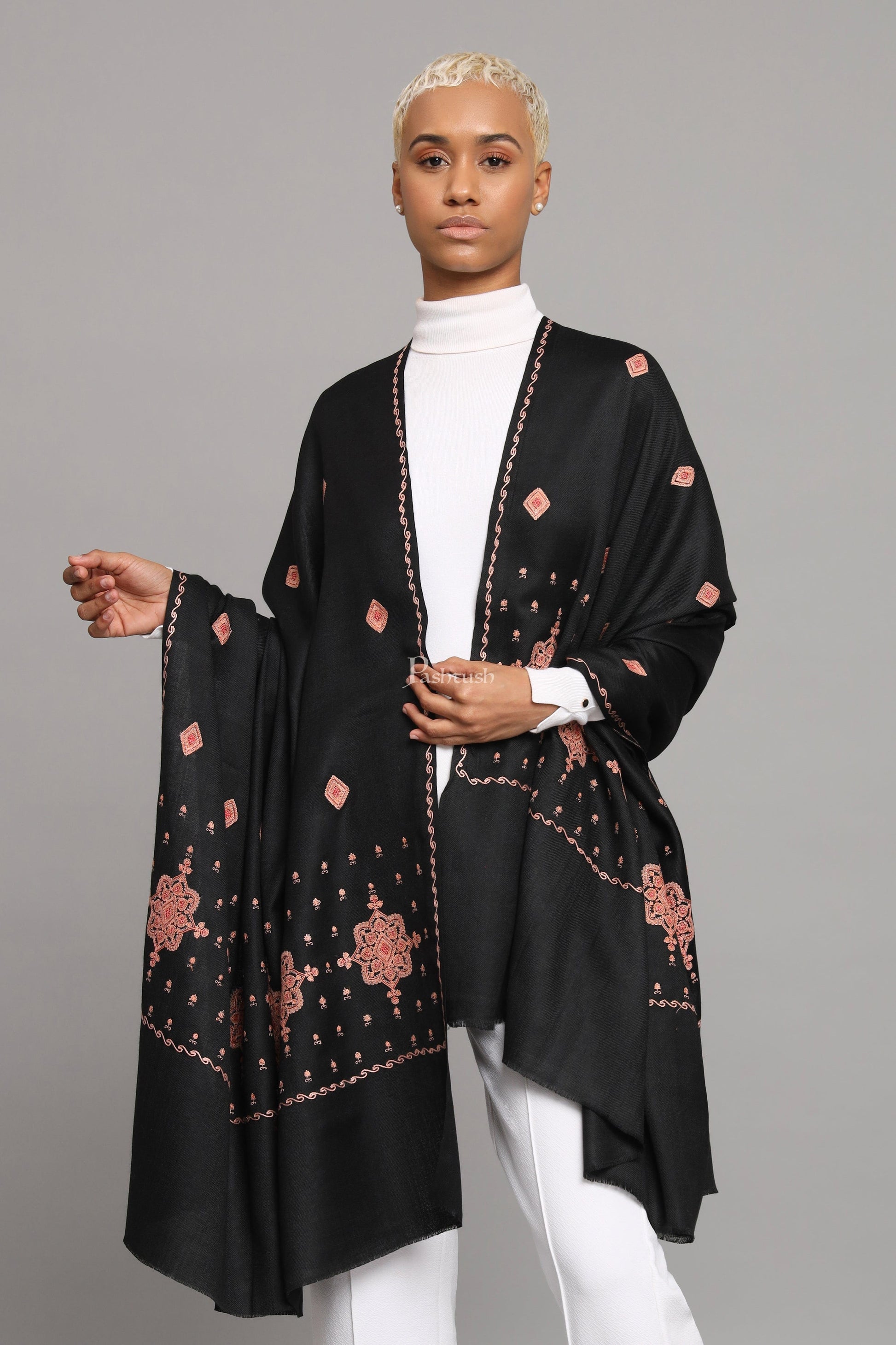 Pashtush India Womens Shawls Pashtush Womens Fine Wool Shawl, Kashmiri Embroidery Palla Design, Black