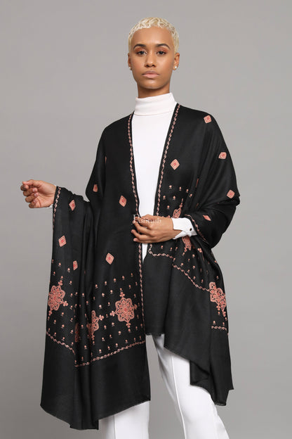 Pashtush India Womens Shawls Pashtush Womens Fine Wool Shawl, Kashmiri Embroidery Palla Design, Black