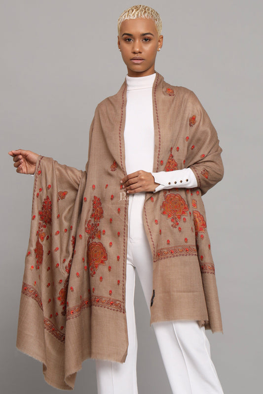 Pashtush India Womens Shawls Pashtush Womens Fine Wool Shawl, Kashmiri Embroidery Palla Design, Taupe