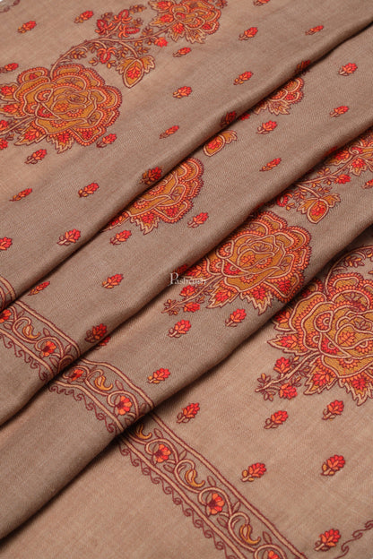 Pashtush India Womens Shawls Pashtush Womens Fine Wool Shawl, Kashmiri Embroidery Palla Design, Taupe