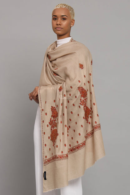 Pashtush India Womens Shawls Pashtush Womens Fine Wool Shawl, Kashmiri Embroidery Palla Design, Taupe