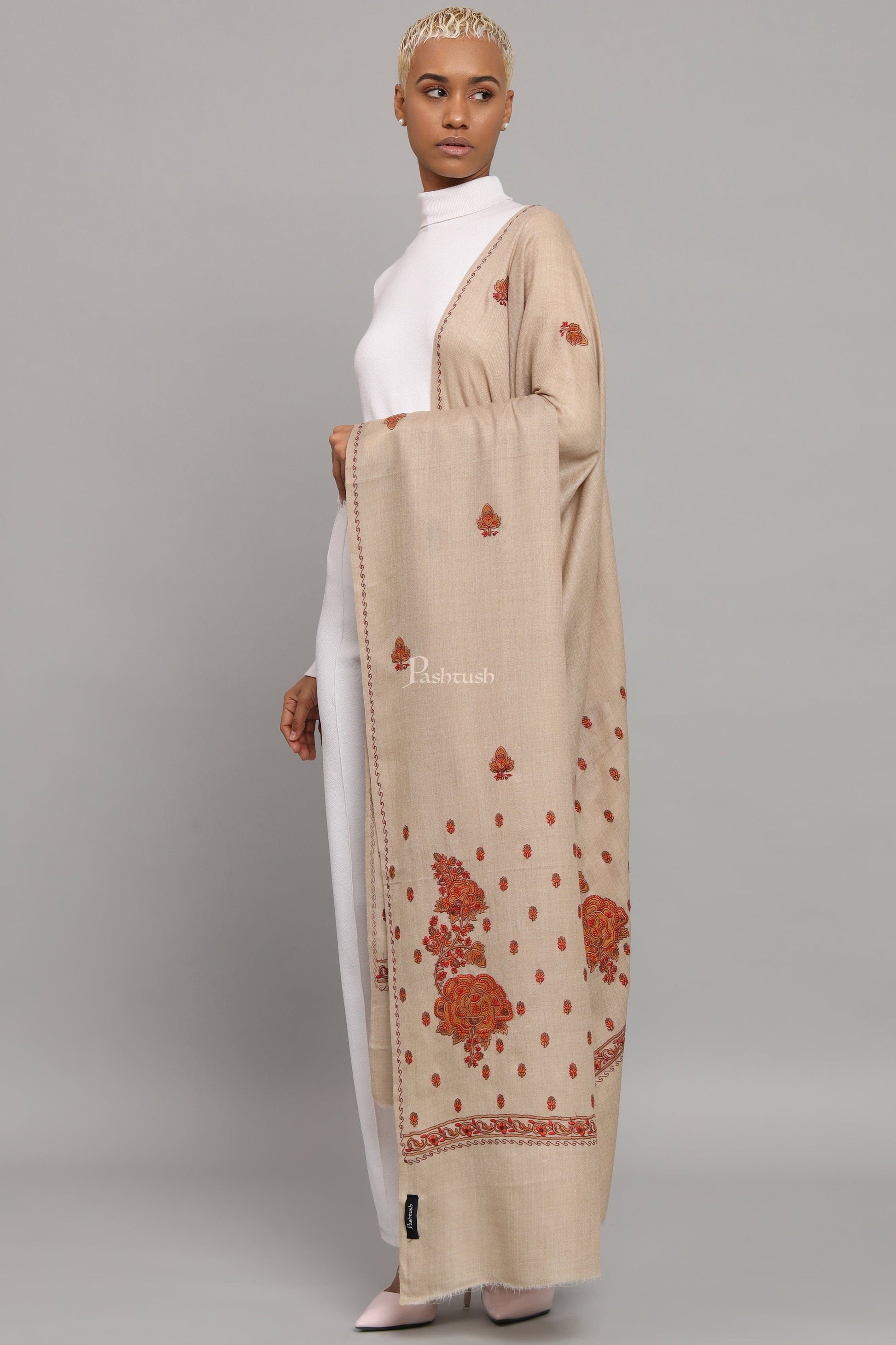 Pashtush India Womens Shawls Pashtush Womens Fine Wool Shawl, Kashmiri Embroidery Palla Design, Taupe