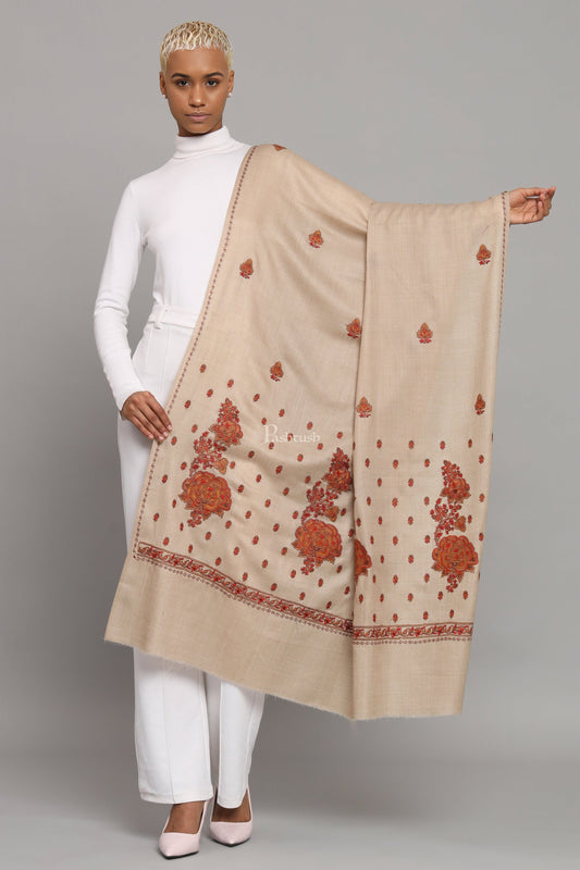 Pashtush India Womens Shawls Pashtush Womens Fine Wool Shawl, Kashmiri Embroidery Palla Design, Taupe