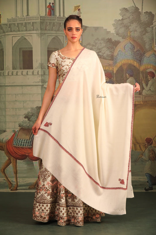 Pashtush India Womens Shawls Pashtush Womens Fine Wool Shawl, Kashmiri Hand Embroidered Kingri Design, Ivory