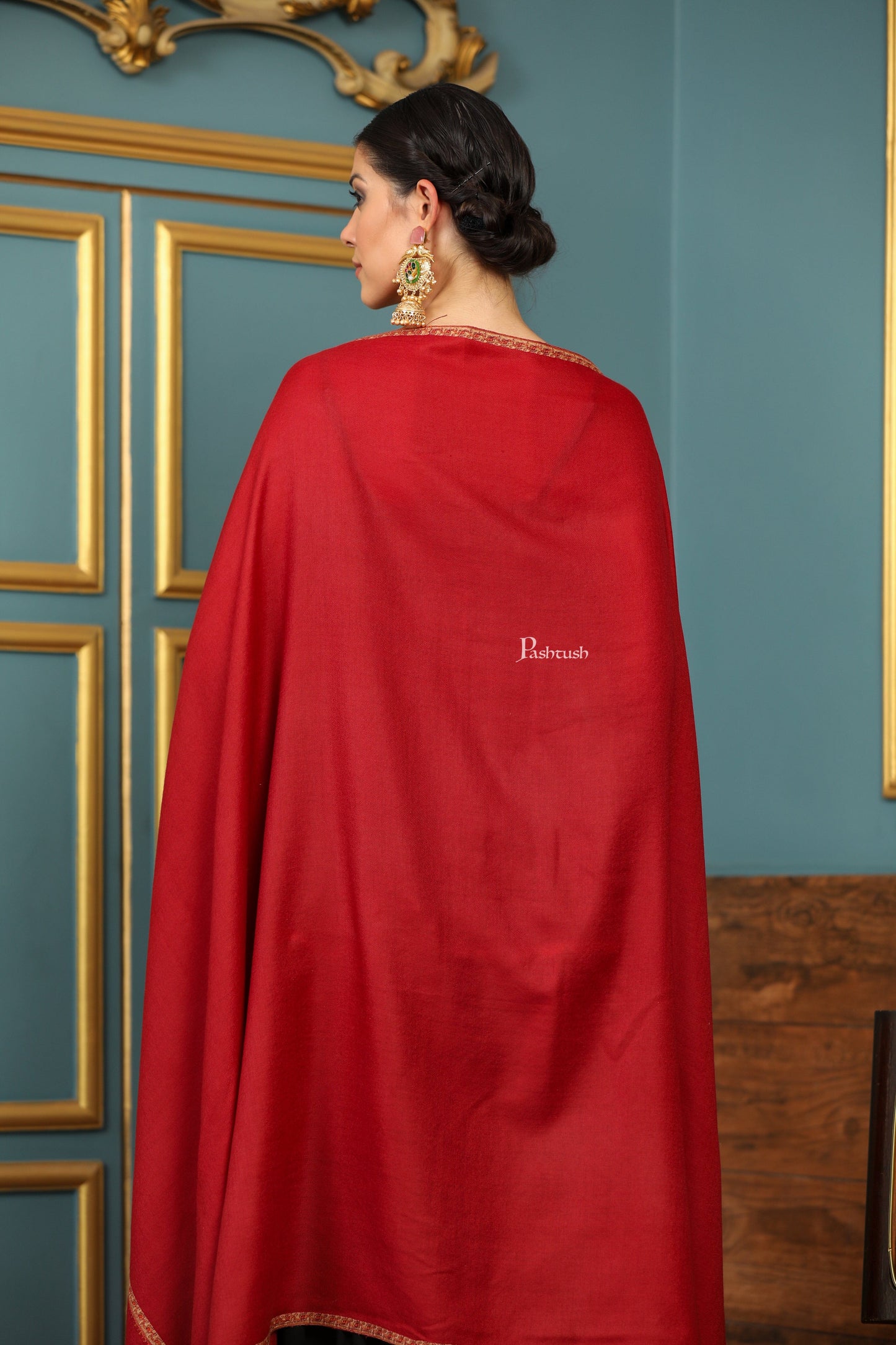 Pashtush India Womens Shawls Pashtush Womens Fine Wool Shawl, Kashmiri Hand Embroidered Kingri Design, Red