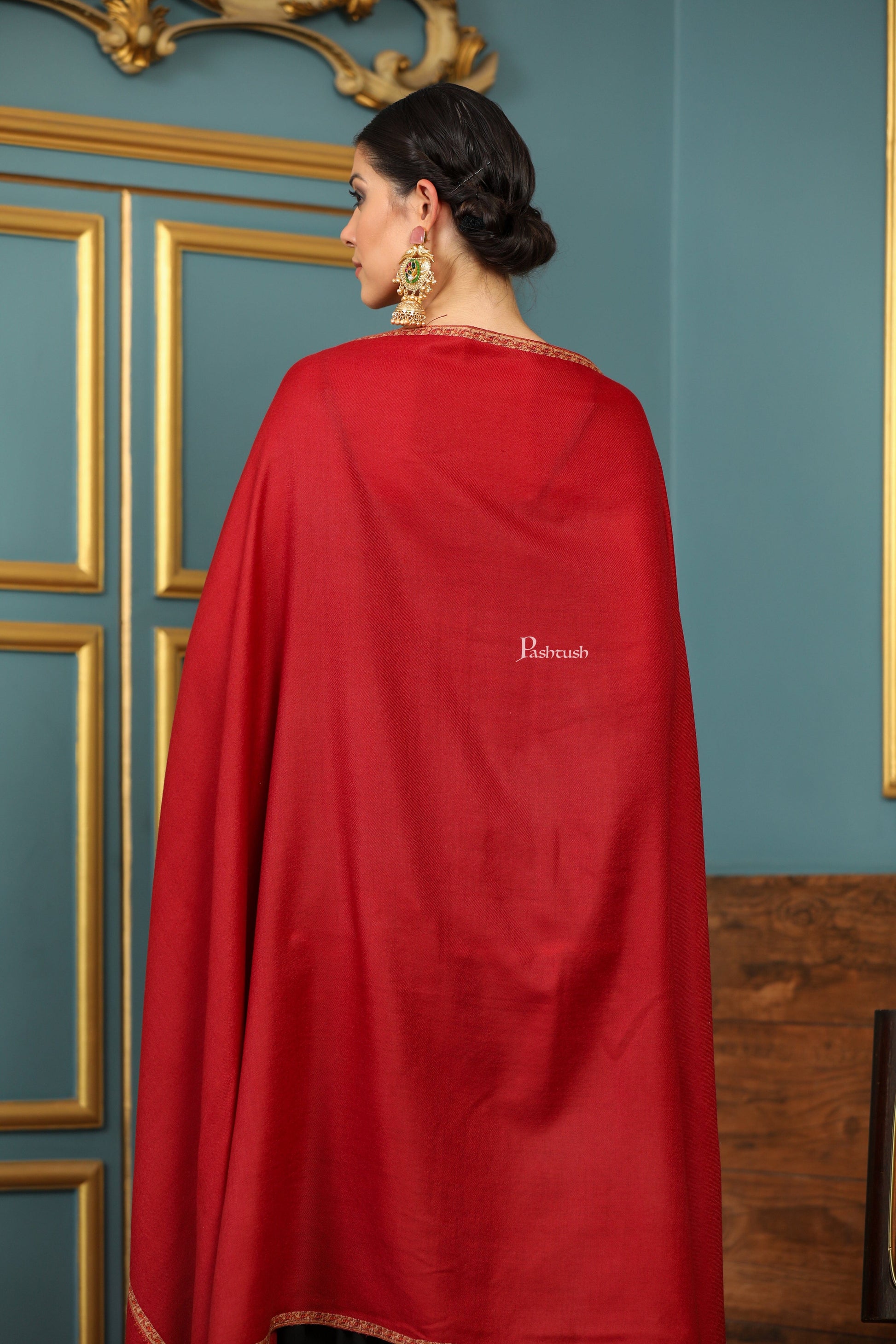 Pashtush India Womens Shawls Pashtush Womens Fine Wool Shawl, Kashmiri Hand Embroidered Kingri Design, Red