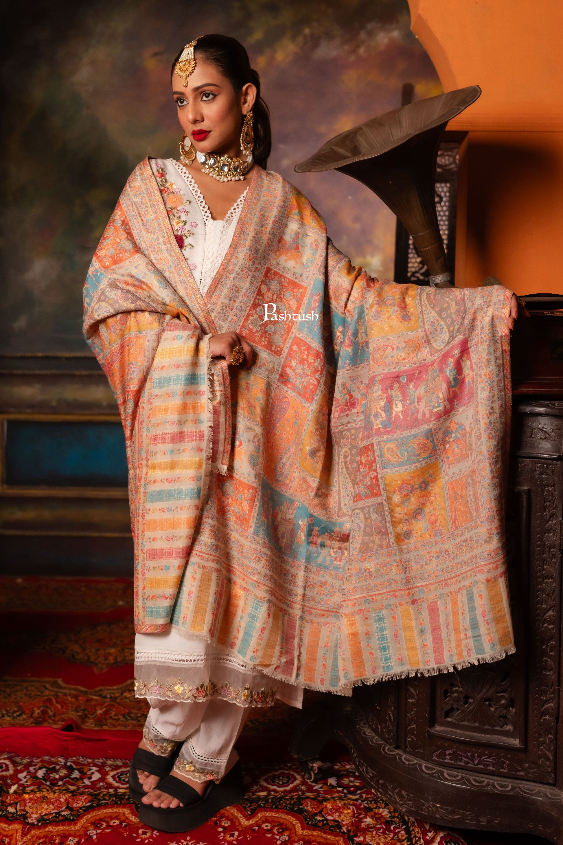 Pashtush India Womens Shawls Pashtush Womens Fine Wool Shawl, Miniature Art Design, Multicolour