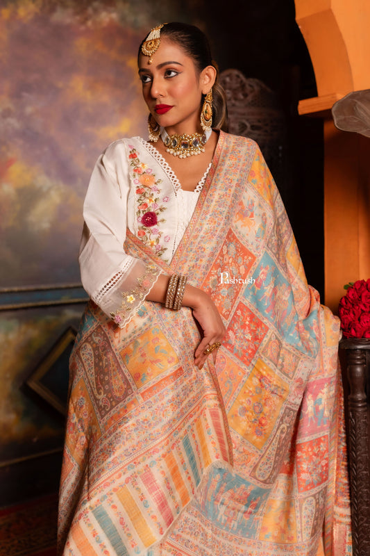 Pashtush India Womens Shawls Pashtush Womens Fine Wool Shawl, Miniature Art Design, Multicolour
