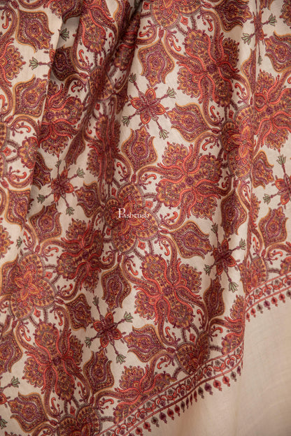 Pashtush India Womens Shawls Pashtush Womens Fine Wool Shawl, Multi Heavy Jaal Design, Ivory