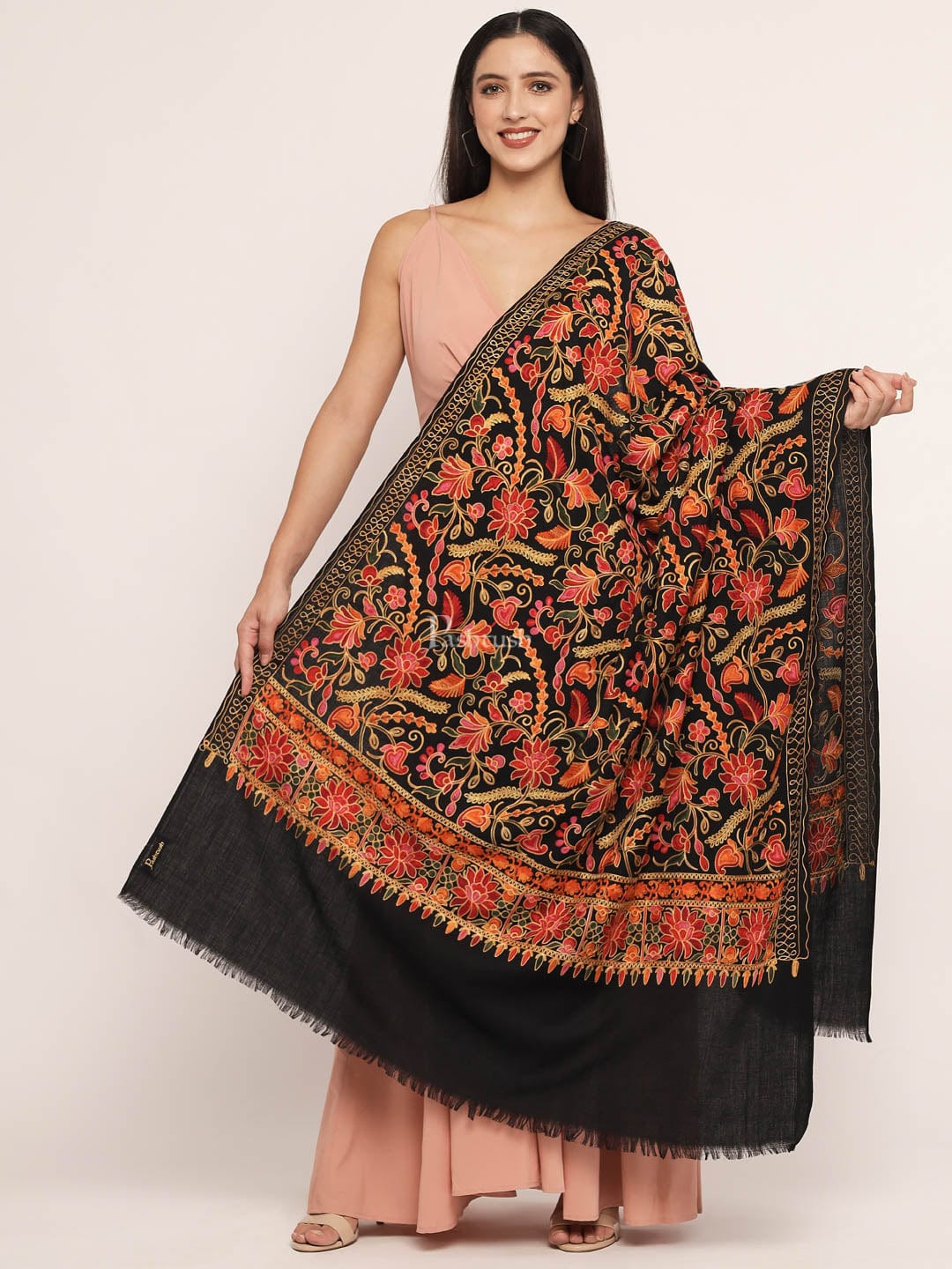 Pashtush India Womens Shawls Pashtush womens Fine Wool shawl, nalki embroidery design, Black