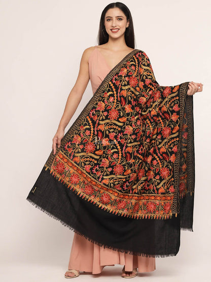 Pashtush India Womens Shawls Pashtush womens Fine Wool shawl, nalki embroidery design, Black