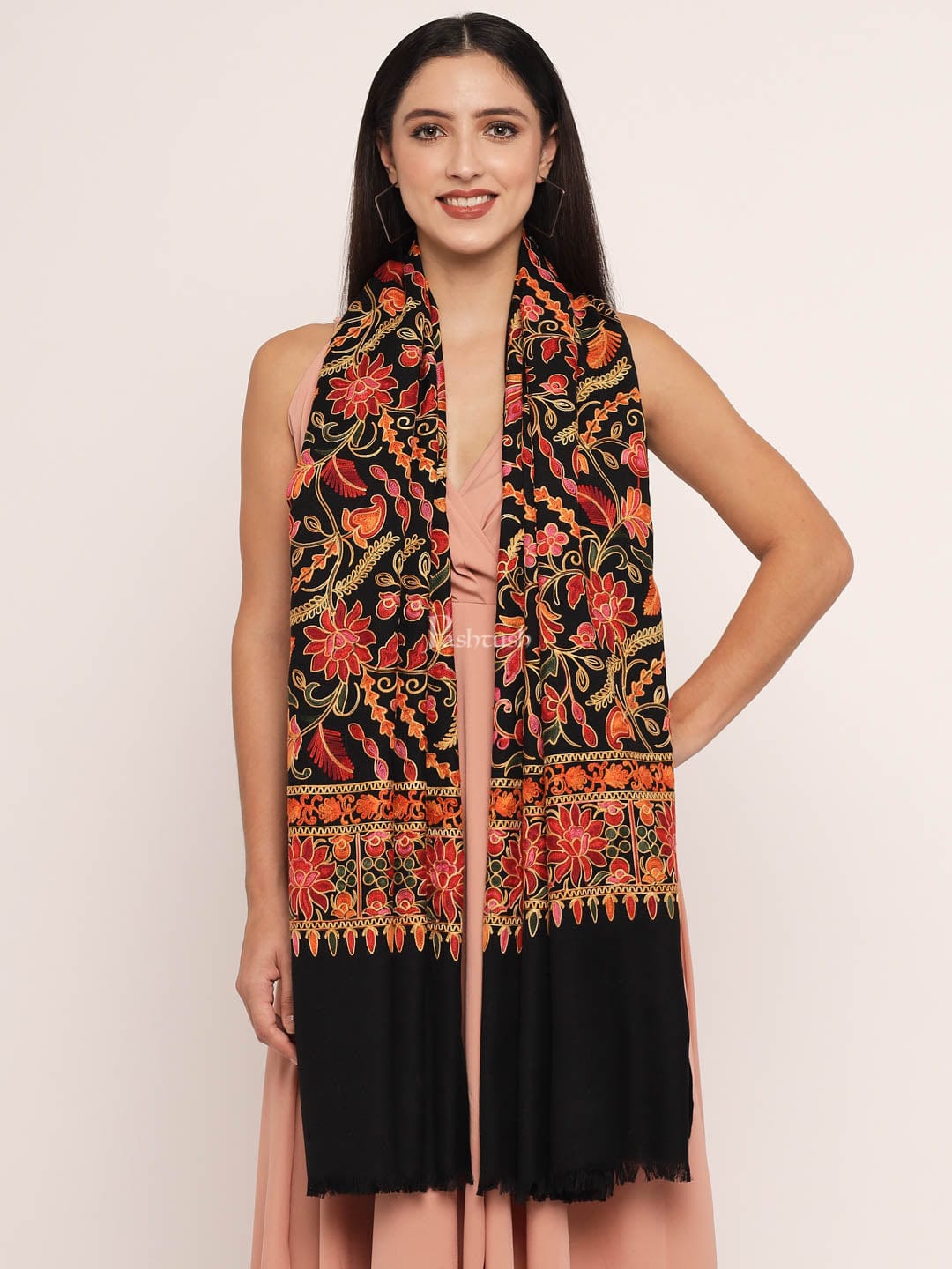 Pashtush India Womens Shawls Pashtush womens Fine Wool shawl, nalki embroidery design, Black