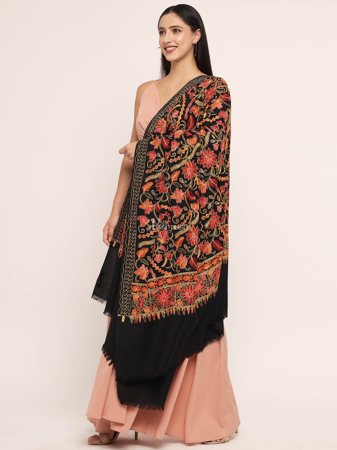 Pashtush India Womens Shawls Pashtush womens Fine Wool shawl, nalki embroidery design, Black