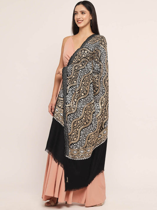 Pashtush India Womens Shawls Pashtush womens Fine Wool shawl, nalki embroidery design, Black