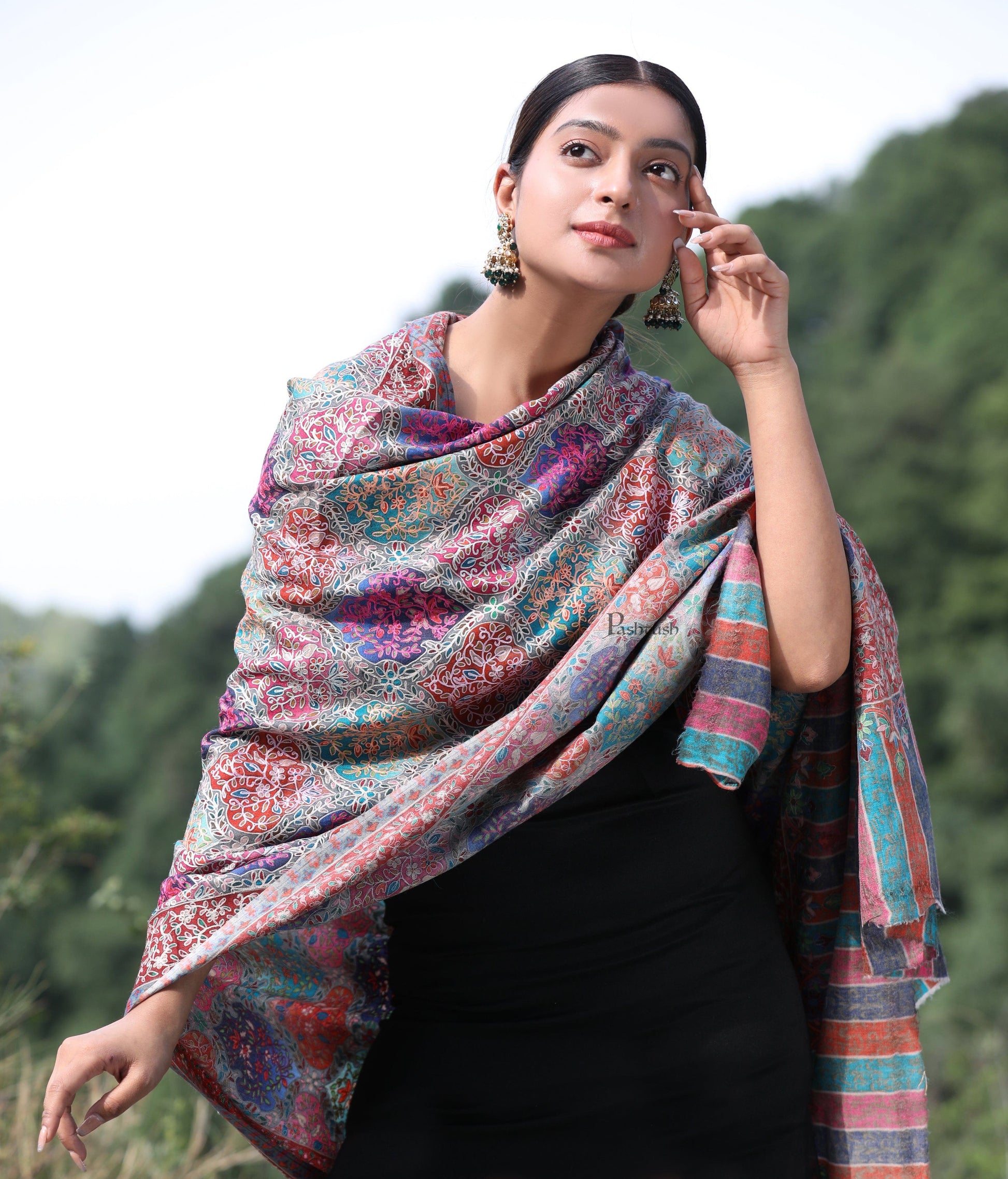 Pashtush India Womens Shawls Pashtush womens Fine Wool shawl, nalki embroidery design, Multicolour