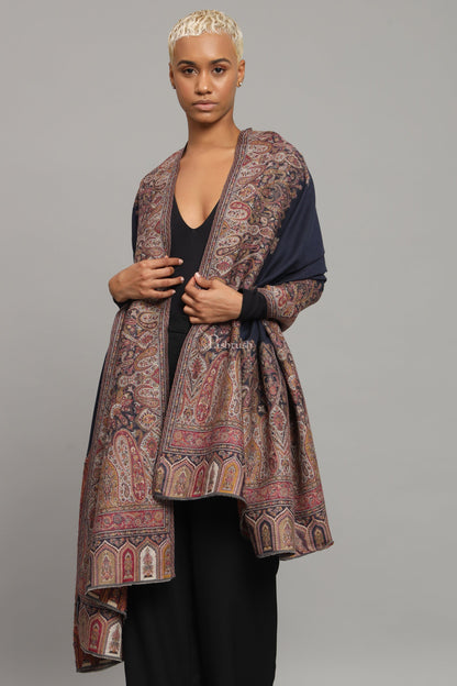 Pashtush India Womens Shawls Pashtush Womens Fine Wool Shawl, Paisley And Border Woven Design, Navy Blue