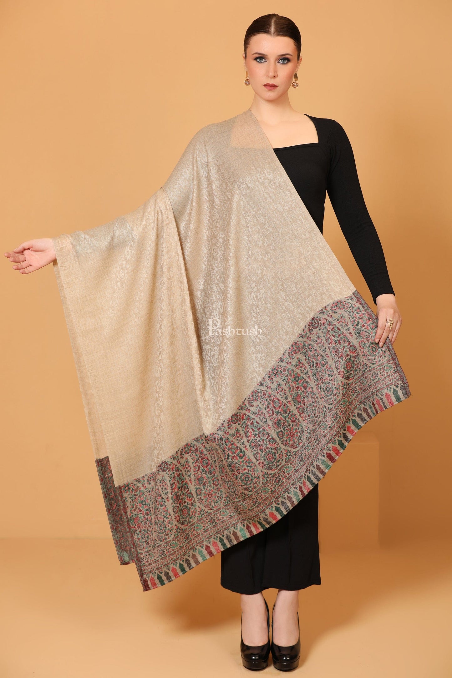 Pashtush India Womens Shawls Pashtush Womens Fine Wool Shawl, Paisley Palla, Woven Design, Natural Beige