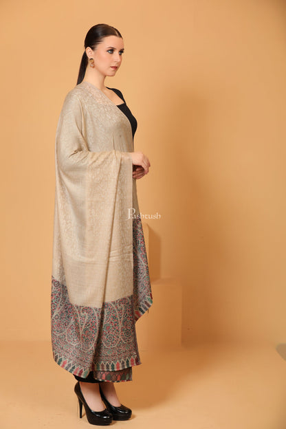 Pashtush India Womens Shawls Pashtush Womens Fine Wool Shawl, Paisley Palla, Woven Design, Natural Beige